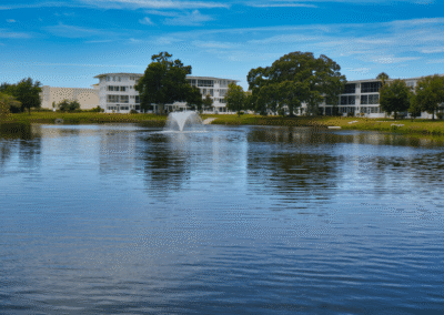 Fountain lake with apartment buildings at Seminole Gardens