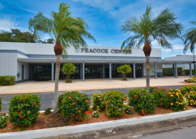 Peacock Center shopping plaza near Seminole Gardens, with palm trees and landscaped entrance